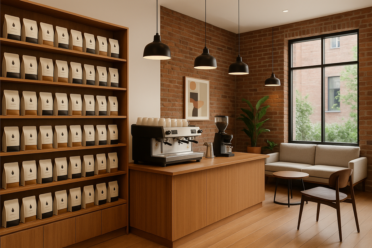 A welcoming modern espresso coffee bean store feel. Targeting the age 25-45 range. 